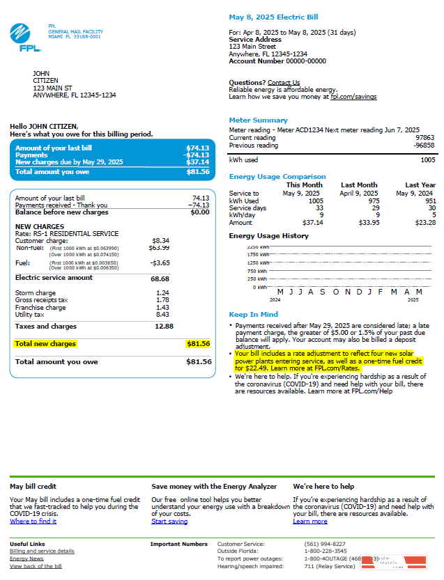 USA FPL utility bill template in Word and PDF formats, version 2
